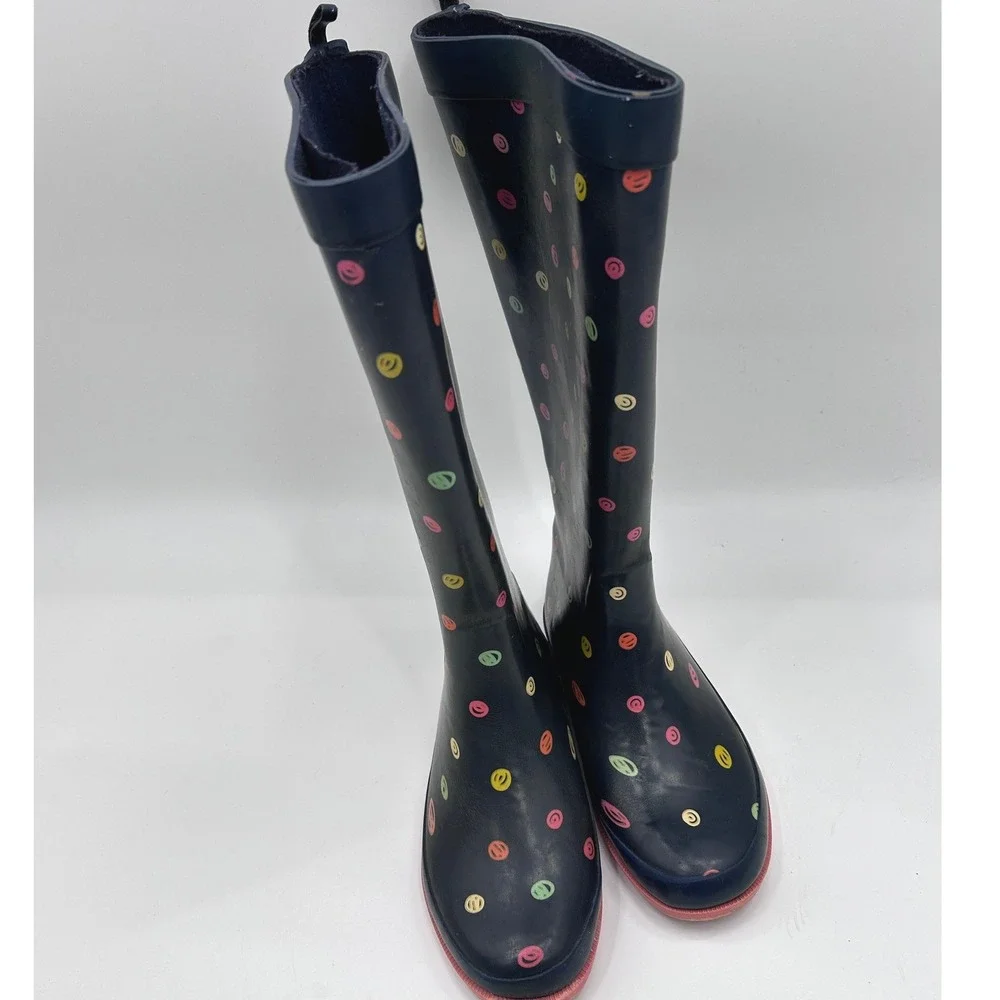 Navy Blue Smiley Face Polka Dot Rubber Rain Boots Pink Sole Kids Size 3